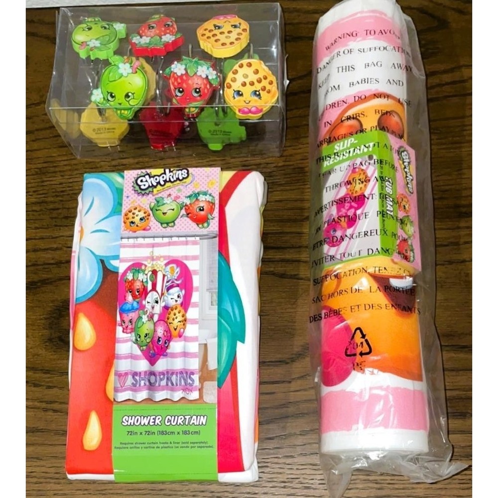 NEW Shopkins Shower Bath 3 pc Set t Shower Curtain Shower Rings Bath Mat